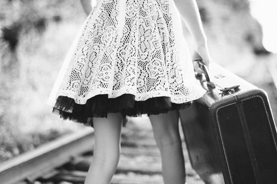 Public Domain Images- Black And White Vintage Suitcase Girl Railroad Tracks Walking