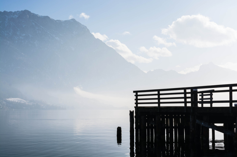 Public Domain Images - .com - Blue Water Ocean Mountain Dock Pier Mist Clouds