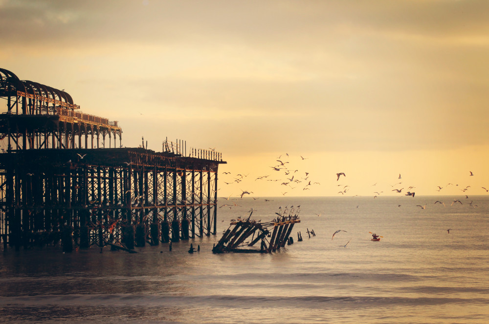 Public Domain Images – .com – Water Ocean Wood Pier Dock Dusk Orange Light Birds