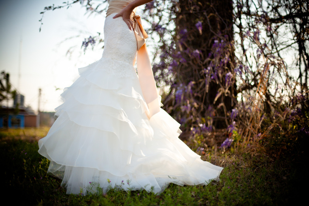 Public Domain Images – Bride White Wedding Dress Outdoors Green Grass Wisteria Vines