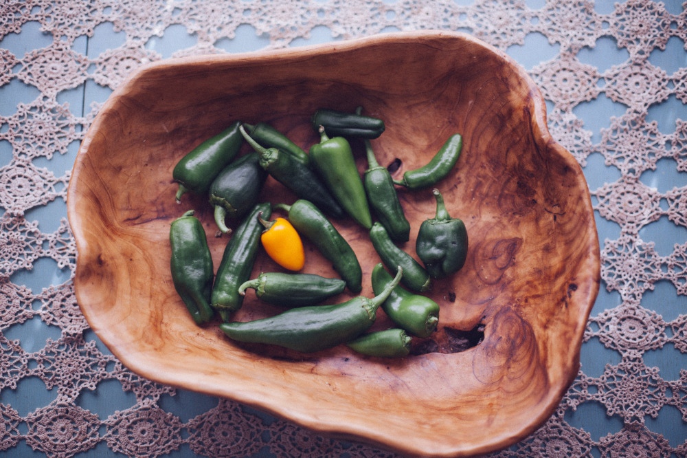 Public Domain Images - Wooden Bowl Green Orange Peppers Lace Table Cloth Teal